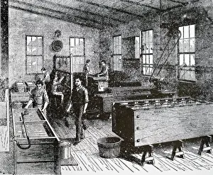 Electroplating: Illustration showing Electroplating works, England. 1880