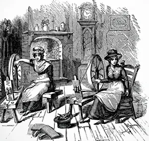 Carding: Illustration showing Hand spinning, carding and