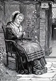 Needles: Illustration showing knitting on four needles. London, 1883