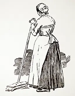 Broom: Illustration showing maid with broom