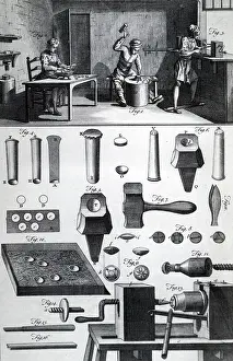 Handed: Illustration showing metal button maker's workshop