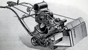 Driven: Illustration showing petrol driven lawn mower. 1904