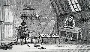 1823: Illustration showing shoemaker's workshop