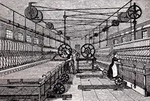 Overhead: Illustration showing Spinning cotton by mule