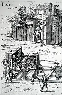 1620: Illustration showing a winch and rollers used