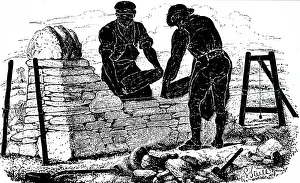 Labourer: Illustration showing workmen building a dry stone wall. 1855