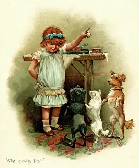 Begging: Illustration, Who Speaks First, girl making dogs beg