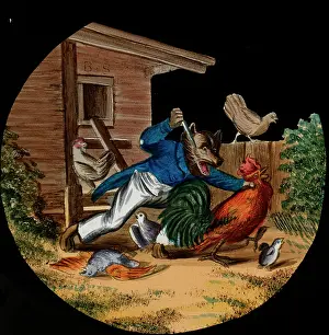 Scattering: Illustration of a wolf lunging at a rooster with a knife
