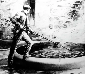 Stirring: Illustration of worker stirring caustic chemicals - 1850s