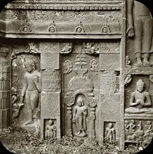 Ajanta: Image of a wall carved in an Asian decorative style