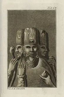 Three Headed: Indian bust of three-headed figure from a monument
