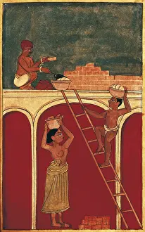 Miniatures: Indian construction workers making a building