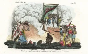 Immolation: Indian sati or suttee ritual. A widow throws