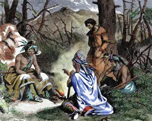 Unites: Indians deciding the fate of the prisoner. Engraving