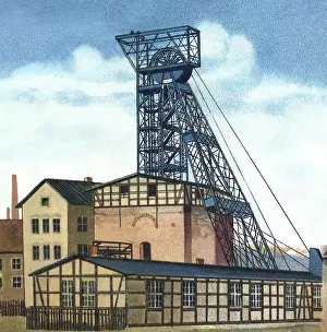 Derricks: industry, mining, coal-mine with shaft tower