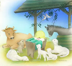 Schermele: Infant Jesus in crib surrounded by animals
