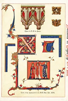 Chromolithograh: Initials from a 14th century illuminated manuscript