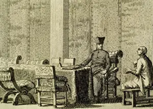 1692: Inquisition. Inquisitor questioning a defendant. Engraving