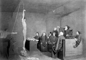 1200s: Inquisition questioning man prisoner hanging