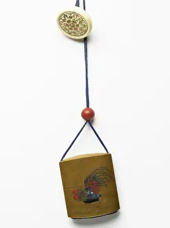 Netsuke: Inro with fighting cocks, attached to a netsuke and an ojime