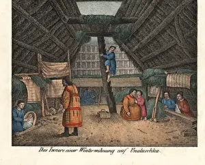Aleut: Inside an Aleut wooden winter house on the