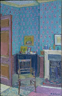 Gillman: Interior ' with blue wallpaper and fireplace