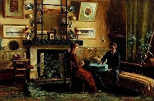 Interior with a couple playing cards