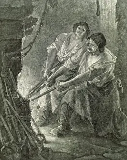Blacksmith: Interior of the forge. Engraving. 19th century