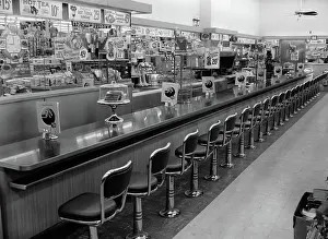 Woolworths: Interior of lunch counter with chrome stools