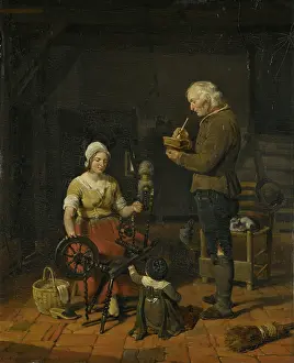 Kruseman: Interior with Peasant Family and Sleeping Cat