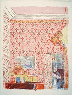 Lithography: Interior with a pink wall covering