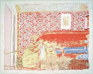 Lithography: Interior with a pink wall covering