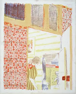Lithography: Interior with a pink wall covering