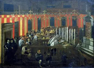 Synagogue: Interior of Synagogue during prayer. 17th century