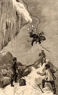 Crack: Intrepid climber jumping over a crack in an ice