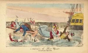 Duelling: Irish gentlemen falling from a rowboat in Dublin harbour