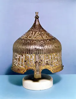 Mamluk: Iron helmet with calligraphic silver damascening