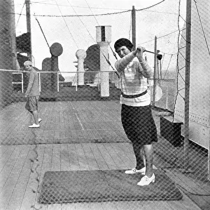 Berengaria: Ishbel Macdonald playing golf on board the Berengaria