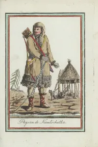 Furred: Itelmen peasant of Kamchatka in front of summer dwelling
