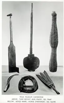 Fens: Items from the Folk Museum, Cambridge including an eel trap