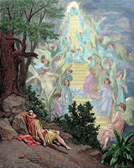 Patriarch: Jacob's Dream. Engraving by Gustave Dore. Colored