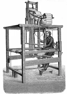 Woven: Jacquard loom, with swags of punched cards from