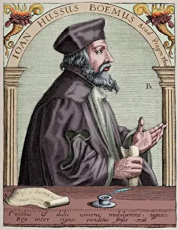 Burned: Jan Hus (1369-1415). Engraving. Colored