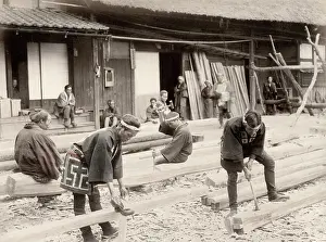 Carpenters: Japan: carpenters at work with chisel and axe