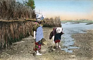 Cockles: Japan, Two children digging for shellfish, low tide riverbed