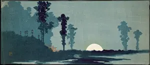 Lanterns: Japanese landscape scene at sunset