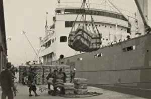 Longshoremen: Japanese longshoremen loading bundles of ?