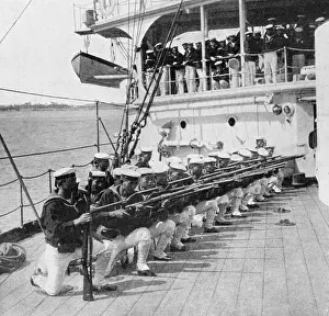 Mikasa: Japanese marines drilling on board the warship