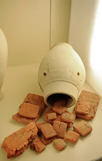 Cuneiform: Jar containing clay tablets written in cuneiform. 8th centur