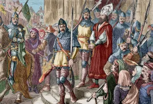Preacher: Jerome of Prague (1360-1416) marching to execution. Engravin